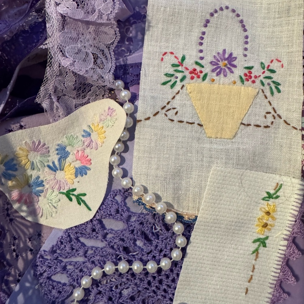 Hand Slow Stitch Blue Green 50+ Upcycled Fabric Lace Button Junk Journal Kit VTG